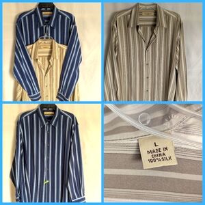 Tommy Bahama Bundle 2 Long Sleeve Silk Shirts Striped Blues Browns Sz L